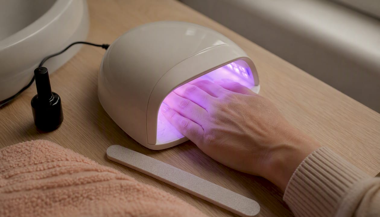 Hand onder een LED-UV lamp om gellak uit te harden